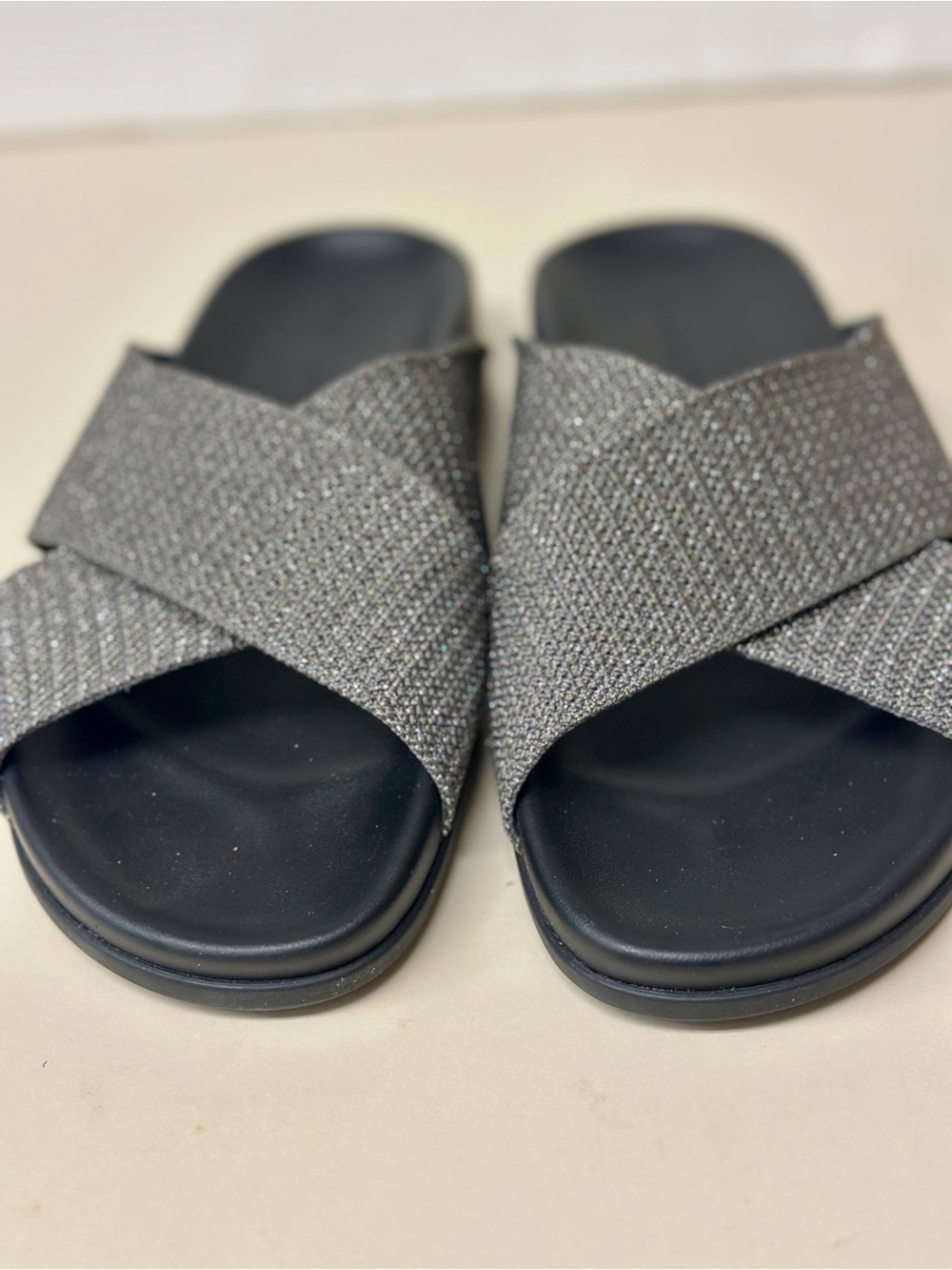 Rothy's Glitter Crossband Slide Sandals - Black/Silver